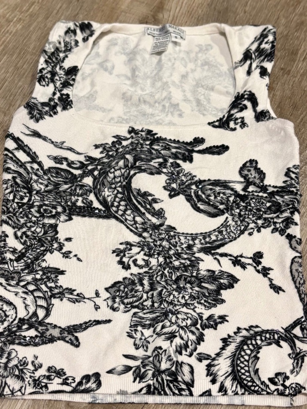 Vintage Alberto Makali Dragon Floral Knit Beaded Grey Black Cream Tank Top Size
